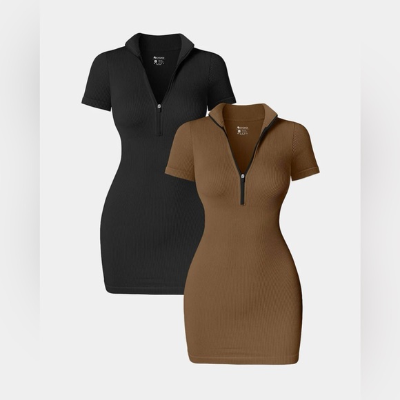 OQQ - NWT 2-Piece BodyCon Ribbed Zip-Front Short Sleeve Mini Dresses - Picture 1 of 8